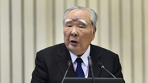 Suzuki Motor Corporation Chairperson Osamu Suzuki addresses at the 'Move: Global Mobility Summit' in New Delhi, Sept. 7, 2018