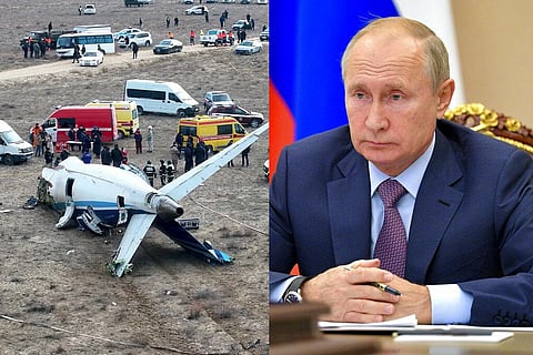 The wreckage of Azerbaijan Airlines Embraer 190 lays on the ground near the airport of Aktau, Kazakhstan, Wednesday, Dec 25, 2024. (L) Russian President Vladmir Putin