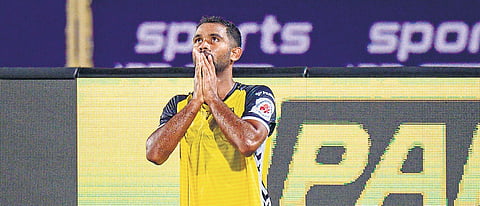 Manoj Mohammed reacts after scoring against East Bengal on Saturday