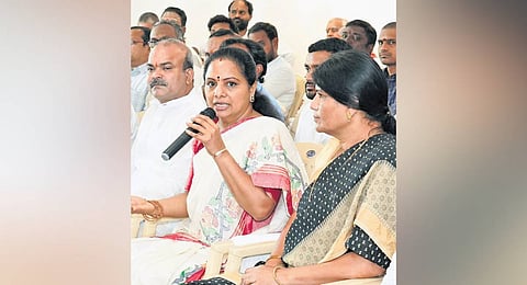 MLC K Kavitha speaks at a meeting with BC leaders in Hyderabad on Friday