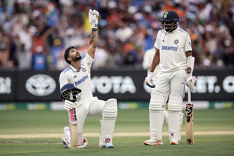 Nitish Kumar Reddy celebrates his maiden Test ton for India at the MCG on Saturday (Photo | AFP)