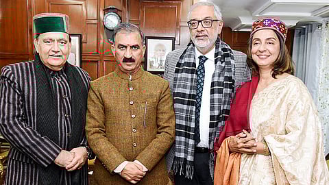 Himachal Pradesh Chief Minister Sukhvinder Singh Sukhu with State Assembly Speaker Kuldeep Singh Pathania and newly sworn-in Chief Justice of the Himachal Pradesh High Court Justice Gurmeet Singh Sandhawalia, in Shimla on Sunday.