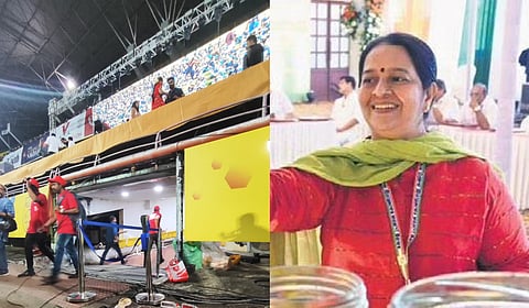 The 15-foot-high pavilion at the Jawaharlal Nehru Stadium (L); Uma Thomas, the Congress MLA representing Thrikkakara assembly.