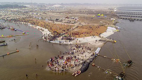 An aerial view of Sangam, the confluence of the Ganga, Yamuna and the mythical Saraswati rivers, area ahead of the Mahakumbh 2025, in Prayagraj, Sunday, Dec. 29, 2024.