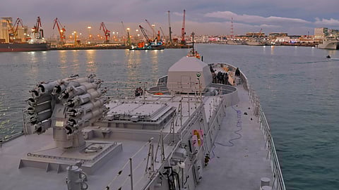 Indian Navy personnel aboard INS Tushil arrives in Casablanca, Morocco.