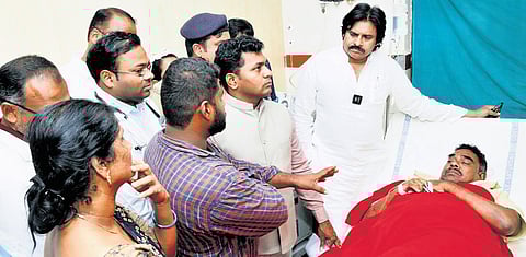 Deputy Chief Minister K Pawan Kalyan consoled Galiveedu MPDO Jawahar Babu at RIMS Hospital in Kadapa on Saturday