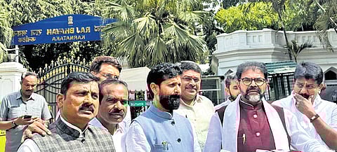 BJP MLC CT Ravi, LoP in Council Chalavadi Narayanswamy and other party leaders address the media after calling on the governor in Bengaluru on Monday