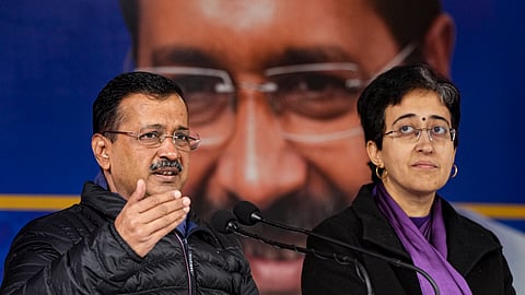 AAP national convener Arvind Kejriwal with Delhi CM Atishi addresses a press conference, in New Delhi.
