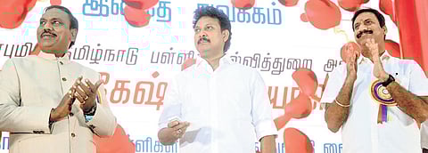 Minister Anbil Mahesh at the inaugural event at Kalaivanar Arangam