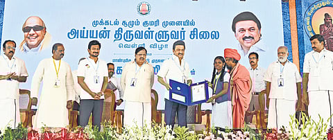 Chief Minister MK Stalin after laying the ground stone for the construction of Ayyan Tiruvalluvar statue silver jubilee arch in Kanniyakumari on Tuesday