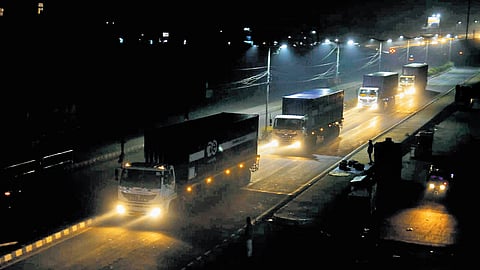 Reinforced container trucks transport hazardous waste collected from the Union Carbide factory in Bhopal to Pithampur Industrial Area on Jan. 1, 2025.