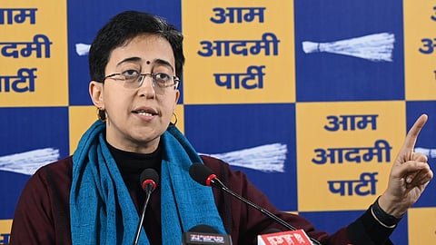 Chief Minister of Delhi Atishi addresses a press conference, in New Delhi on Wednesday.