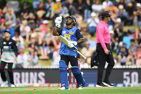 Sri Lanka player Kusal Perera celebrates fifty runs during the 3rd T20 match between New Zealand and Sri Lanka at Saxton Oval in Nelson, New Zealand.