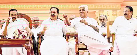 NSS general secretary G Sukumaran Nair, Congress Working Committee member Ramesh Chennithala and others at the venue of Mannam jayanthi celebrations at NSS headquarters at Perunna in Changanassery on Thursday.