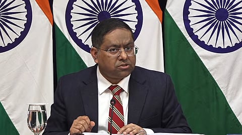 MEA Spokesperson Randhir Jaiswal addresses a press conference in New Delhi.