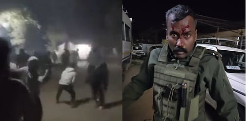 Videos on social media show protesters pelting stones at the SP office and police personnal who was injured in the attack.