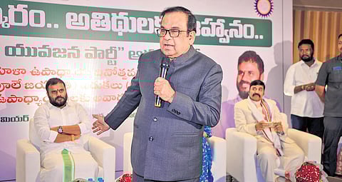 Veteran actor Brahmanandam speaking at an event organised by the BCY Party in Vijayawada on Friday to mark the birth anniversary of Savitribai Phule