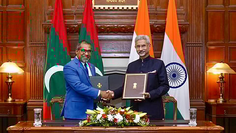 External Affairs Minister S Jaishankar with Minister of Foreign Affairs of Maldives Abdulla Khaleel (Photo | PTI)