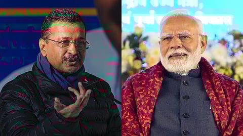 (L) AAP National Convenor Arvind Kejriwal holds a press conference in New Delhi on Friday; (R) PM Narendra Modi during the inauguration ceremony of various developmental projects in New Delhi on Friday.