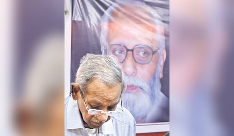 Filmmaker Shaji N Karun sits in a pensive mood during the S Jayachandran Nair commemoration meet at Press Club in Thiruvananthapuram on Friday
