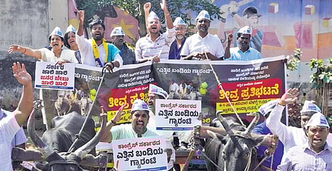 AAP members shout slogans as they take out a bullock cart during a protest against the bus fare hike, in Bengaluru on Saturday