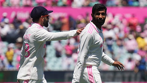 India's Jasprit Bumrah, right, and India's Virat Kohli react after the fifth cricket test between India and Australia at the Sydney Cricket Ground, in Sydney, Australia, Sunday, Jan. 5, 2025.