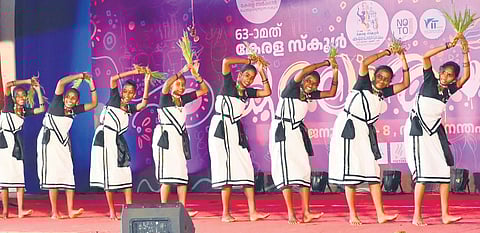 Students of GMRS, Kaniyambetta, Wayanad, perform ‘Paniya nritham’ at the 63rd State School Arts Festival in Thiruvananthapuram on Sunday