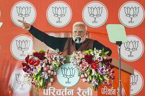 Prime Minister Narendra Modi speaks during a public meeting, at Rohini, in New Delhi, Sunday, Jan. 5, 2025.