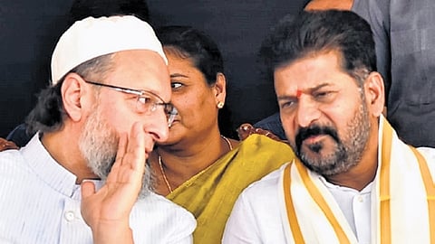 MIM chief Asaduddin Owaisi with Chief Minister A Revanth Reddy at the inauguration of the Aramghar flyover on Monday