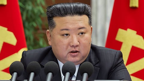 In this photo provided by the North Korean government, North Korean leader Kim Jong Un delivers a speech at a meeting held during Dec. 23 until Dec. 27, 2024, in Pyongyang, North Korea.