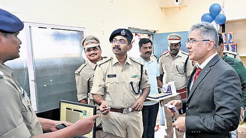 South Central Railway Vijayawada DRM Narendra A Patil interacting with Railway Protection Force personnel on Monday