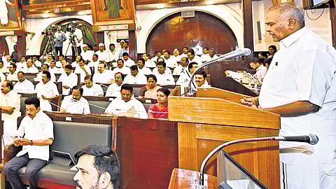 Speaker M Appavu reading the Tamil version of the governor’s address.