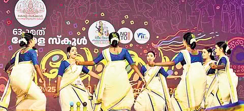 Students performing Thiruvathira at the State School Arts Fest at Central Stadium on Monday