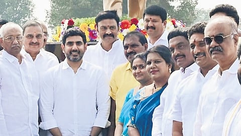 IT Minister Nara Lokesh unveils Ratan Tata’s statue at Pedamiram in West Godavari district on Monday.