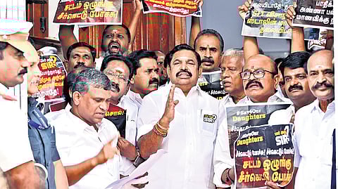 AIADMK leader Edappadi K Palaniswami talking to reporters.