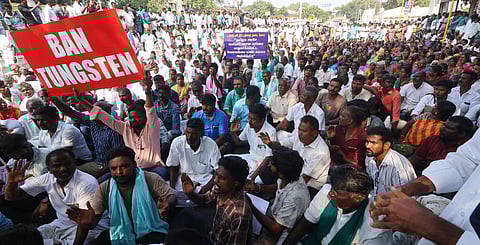 Thousands of farmers along with villagers protest in front of Thamukkam ground in Tallakulam from Melur opposing the Tungsten mining