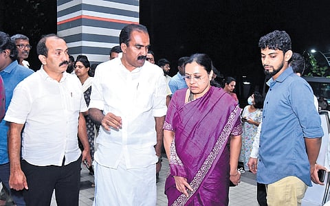 Health Minister Veena George and MLA Anwar Sadath coming out after meeting Uma Thomas’s son Vishnu at the hospital on Tuesday