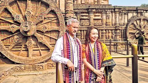 EAM S Jaishankar with his wife Kyoko Jaishankar at Sun Temple in Konark on Tuesday