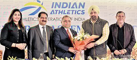 (From left to right) Senior vice-president Anju Bobby George, outgoing secretary Ravinder Chaudhary, former president Adille Sumariwalla, new chief Bahadur Singh Sagoo and secretary Sandeep Mehta