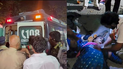 An injured person being administered CPR after a stampede broke out as hundreds of devotees jostled for tickets for Vaikunta Dwara Darshanam at Lord Venkateswara Swamy temple on Tirumala Hills, in Tirupati.