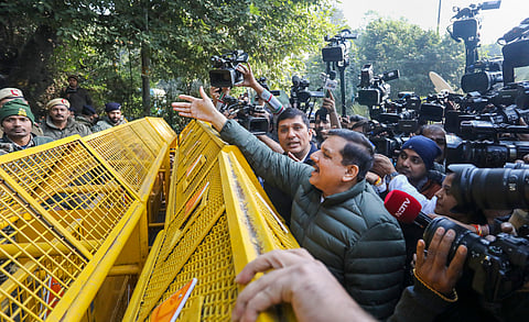 Aam Aadmi Party (AAP) leaders Sanjay Singh and Saurabh Bharadwaj arrive at Delhi Chief Minister AtishiÂ’s official residence, in New Delhi, Wednesday, Jan. 8, 2025.