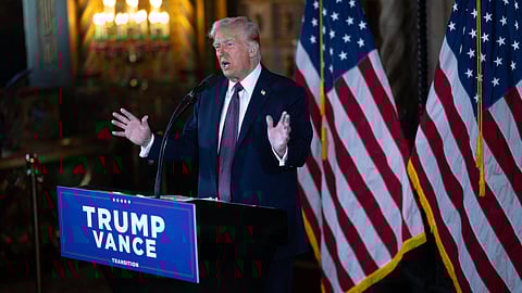 U.S. President-elect Donald Trump speaks to members of the media during a press conference at the Mar-a-Lago Club on January 07, 2025 in Palm Beach, Florida.