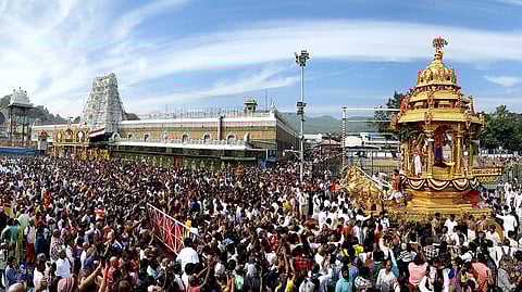In this photo from Dec 23, 2023, the Swarna Ratham procession takes place at Tirumala on the occasion of Vaikunta Ekadasi.