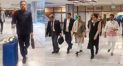 (L) BJP MP Sambit Patra with a luggage carrying the presentation made by the Ministry of Law and Justice leaves after attending a meeting of the Joint Parliamentary Committee. (R) Members of the Joint Parliamentary Committee, constituted to scrutinise the two bills on simultaneous elections, arrive to attend a meeting, in New Delhi, Wednesday, Jan. 8, 2025., in New Delhi, Wednesday, Jan. 8, 2025.