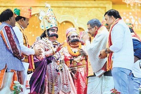 Union Education minister Dharmendra Pradhan greets King Kansa