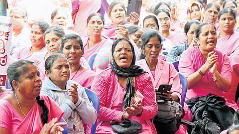 ASHA workers protest demanding a fixed monthly honorarium of Rs 15,000 and other benefits at Freedom Park on Thursday in January 2025. Image used for representational purposes only.