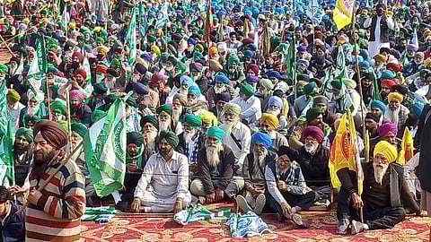 Farmers gathered at the Mahapanchayat in Moga.