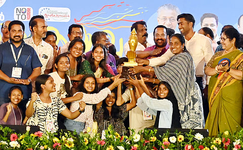 Students of Thrissur district, that won the golden cup of the 63rd State School Arts Festival, rejoice after the valedictory function of the fete in Thiruvananthapuram on Wednesday.