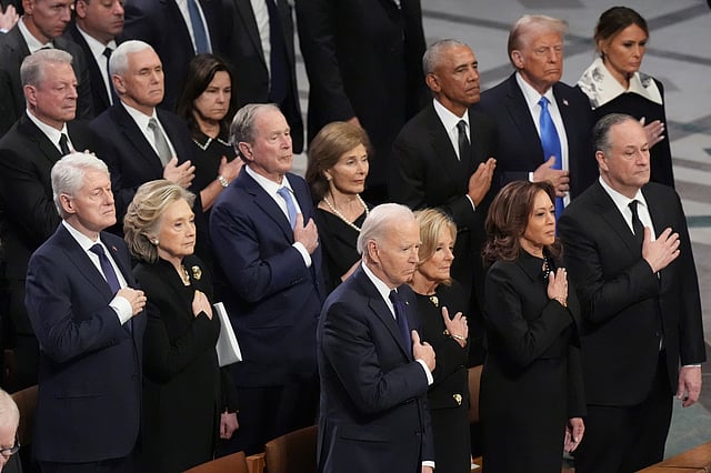 All five living US presidents gathered for their predecessor's moving state funeral in Washington's National Cathedral.