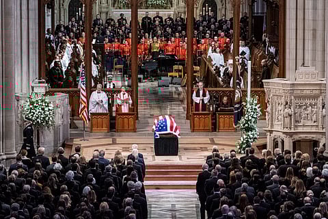 The casket of former President Jimmy Carter is pictured during a state funeral at the National Cathedral, Thursday, Jan. 9, 2025, in Washington.
